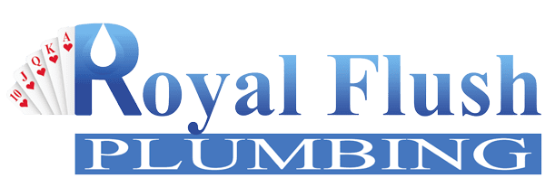 Logo of "royal flush plumbing" featuring playing cards to represent a poker hand.